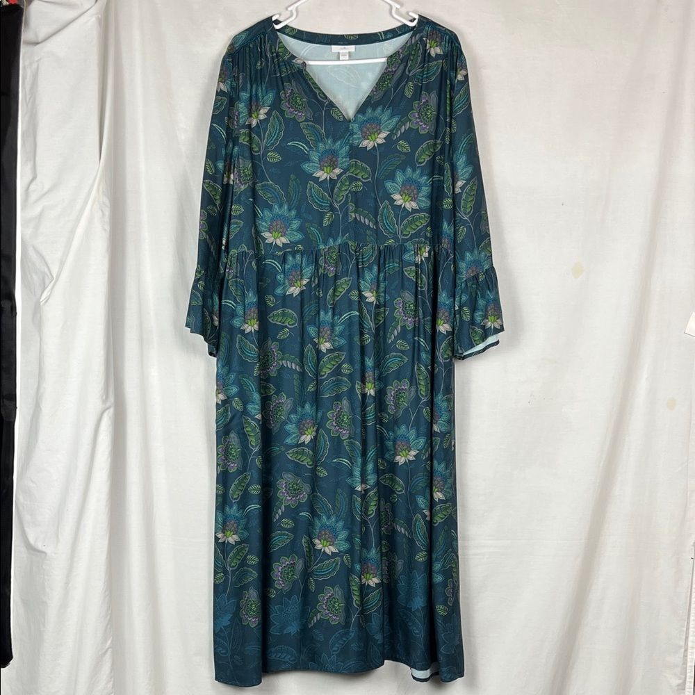 J. Jill Blue and Green Floral Ruffled Midi Dress with Bell Sleeves